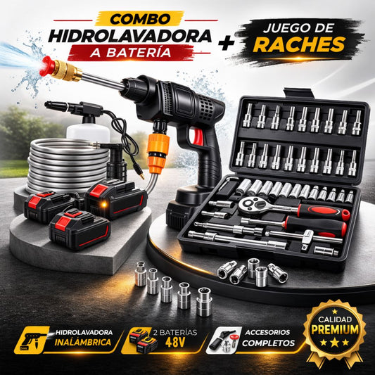ComboPlus+ Hidrolavadora a bateria + Juego de Raches + Bateria Adicional